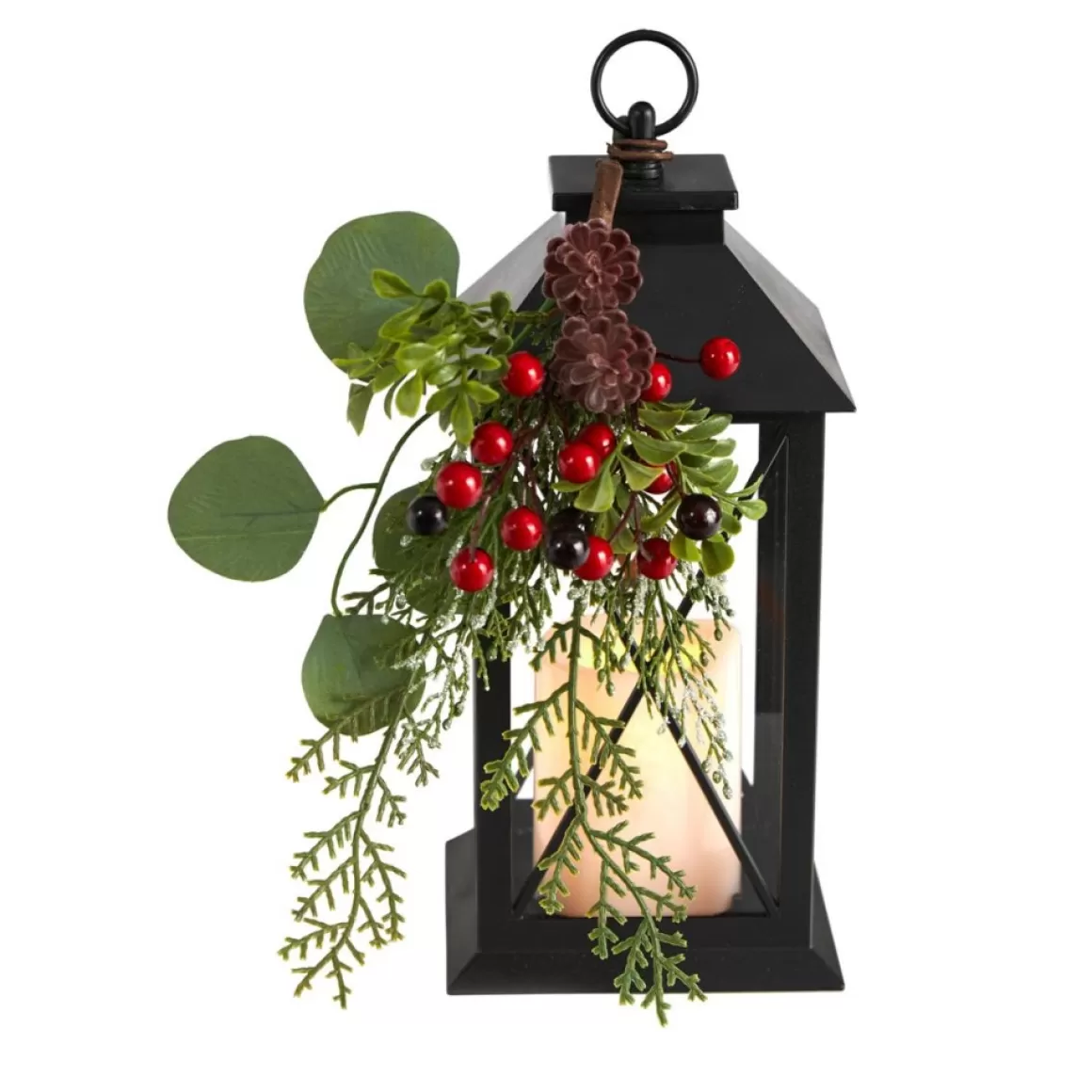 Nearly Natural 12" Holiday Berries And Greenery Metal Lantern