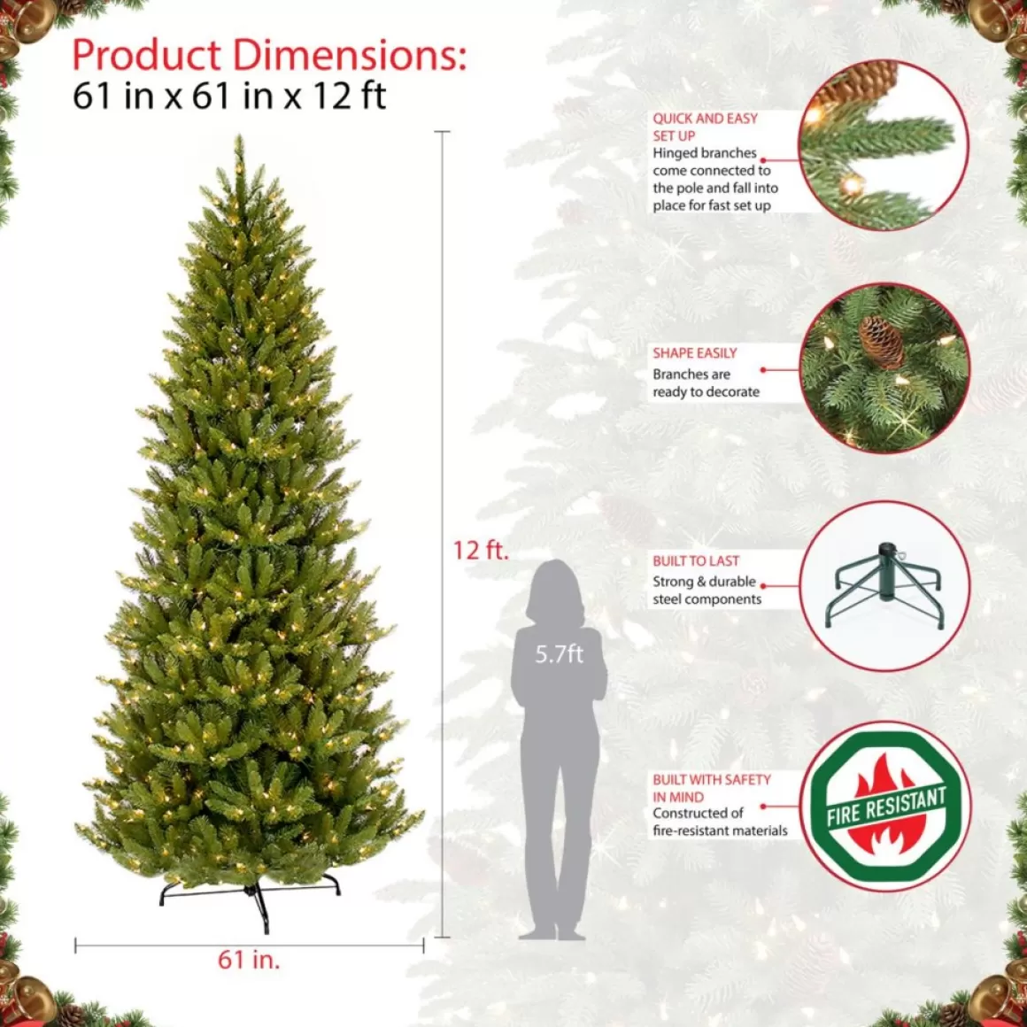 Puleo International 12' Slim Franklin Fir Artificial Christmas Tree - 1200 Clear Lights