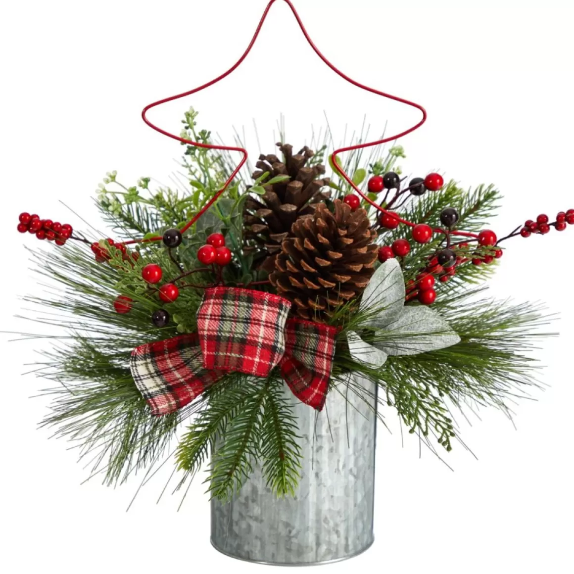 Nearly Natural 17" Pinecone And Berries Christmas With Decorative Metal Vase