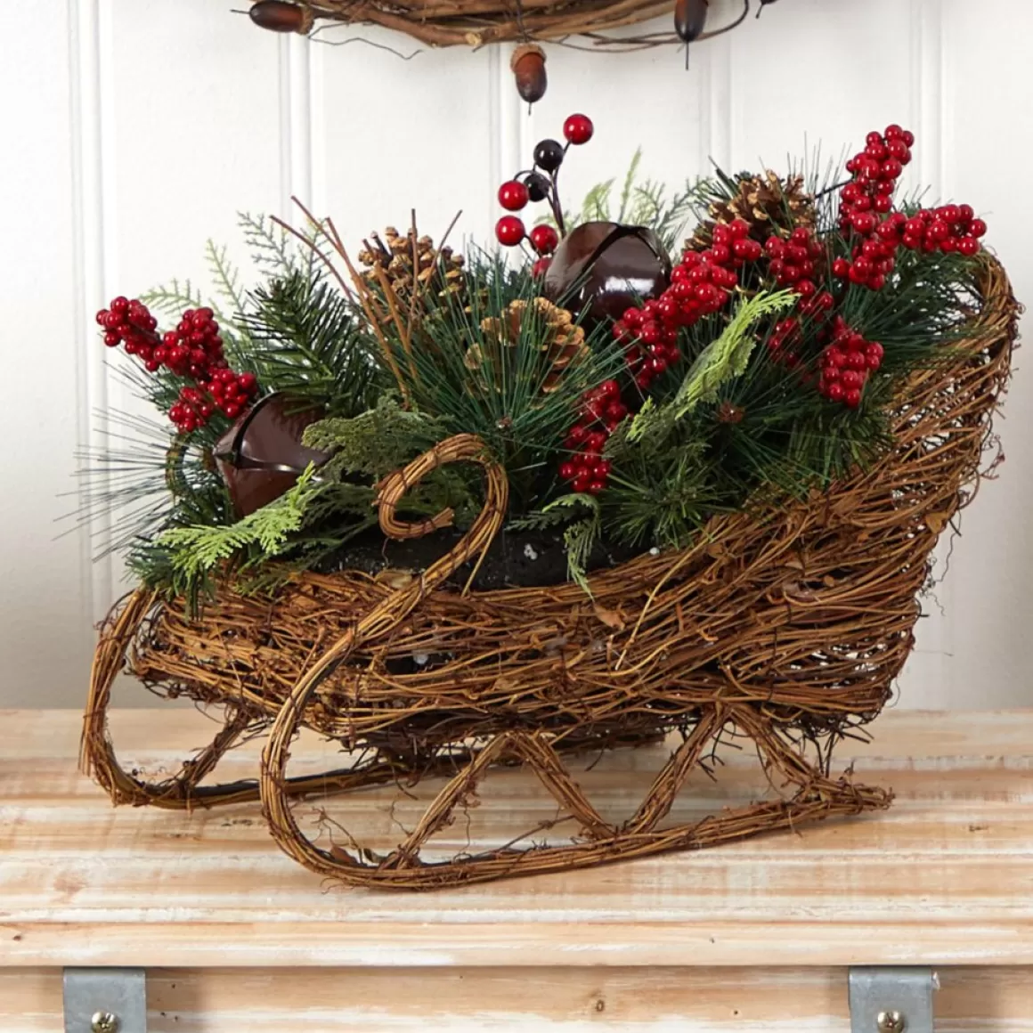 Nearly Natural 18" Christmas Sleigh With Pine, Pinecones And Berries