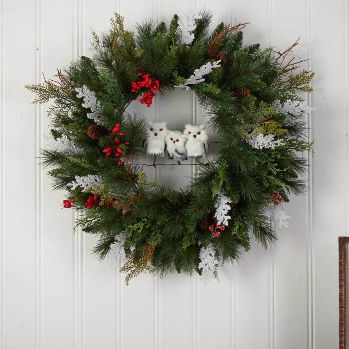 Nearly Natural 24 In. Holiday Owl Family Wreath