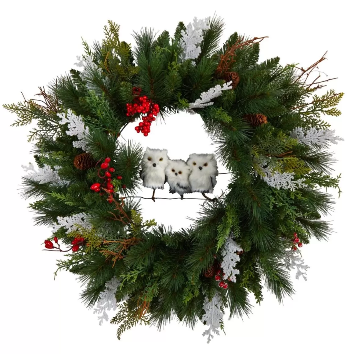 Nearly Natural 24 In. Holiday Owl Family Wreath