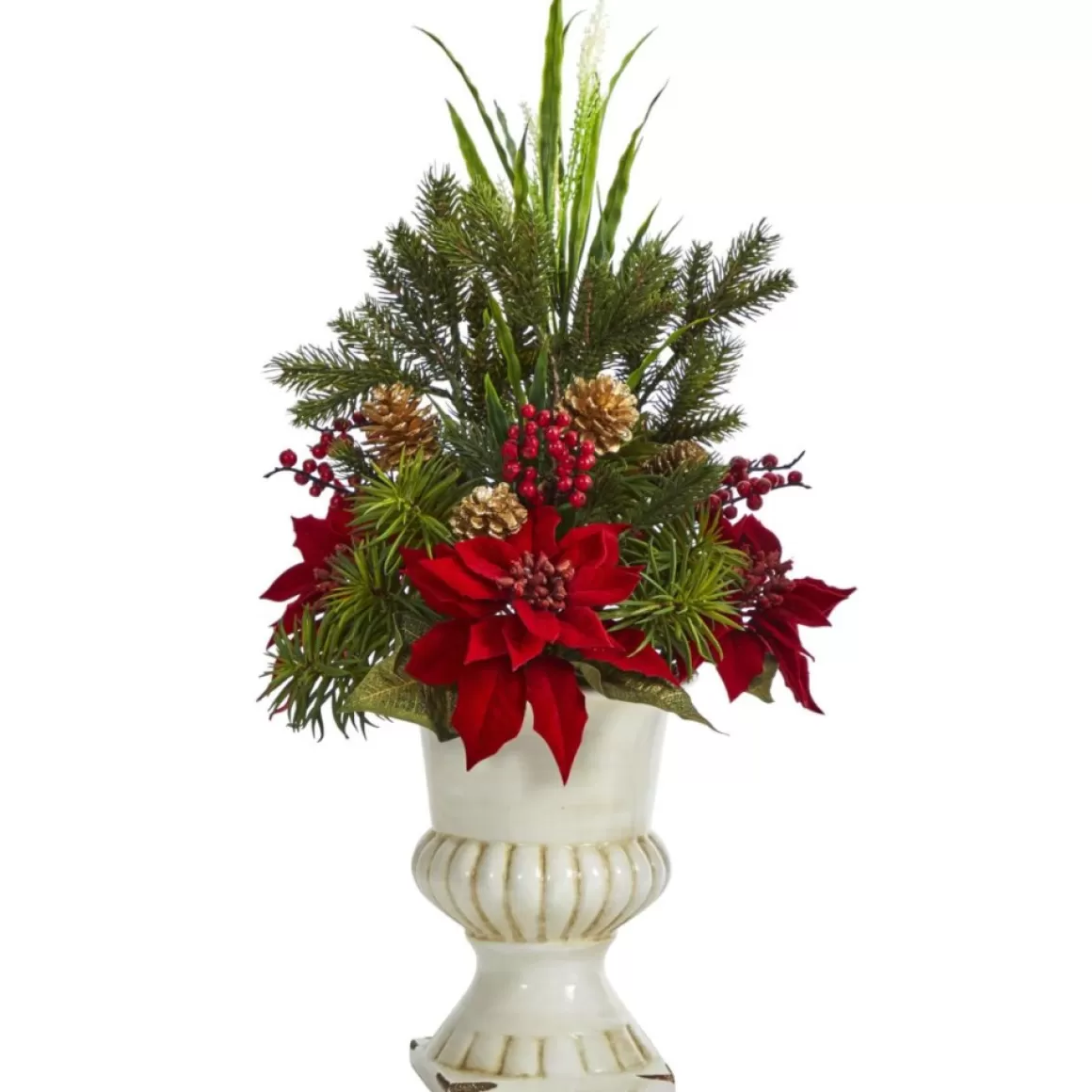 Nearly Natural 28 In. Poinsettia, Grass And Succulent Artificial Arrangement In White Urn
