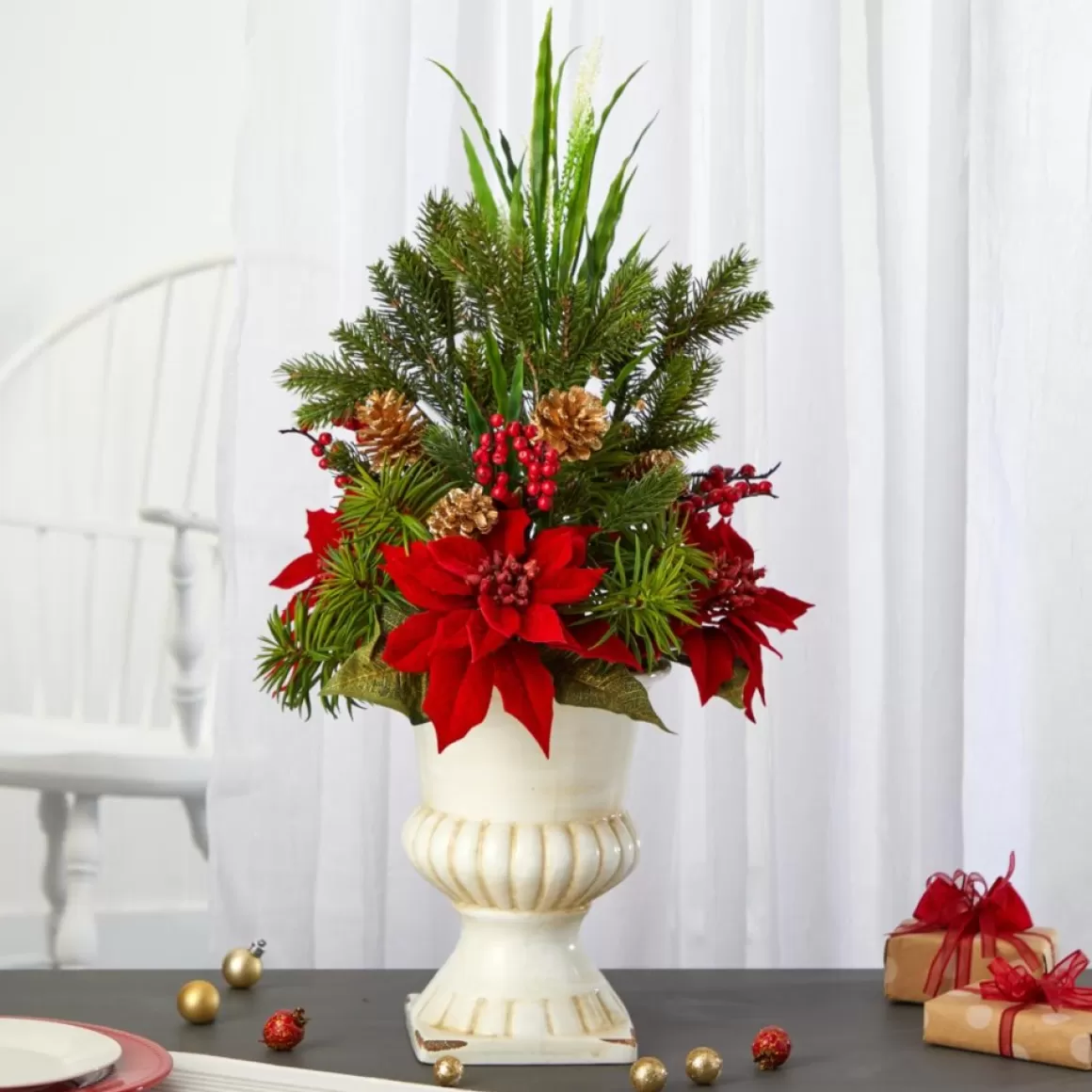 Nearly Natural 28 In. Poinsettia, Grass And Succulent Artificial Arrangement In White Urn