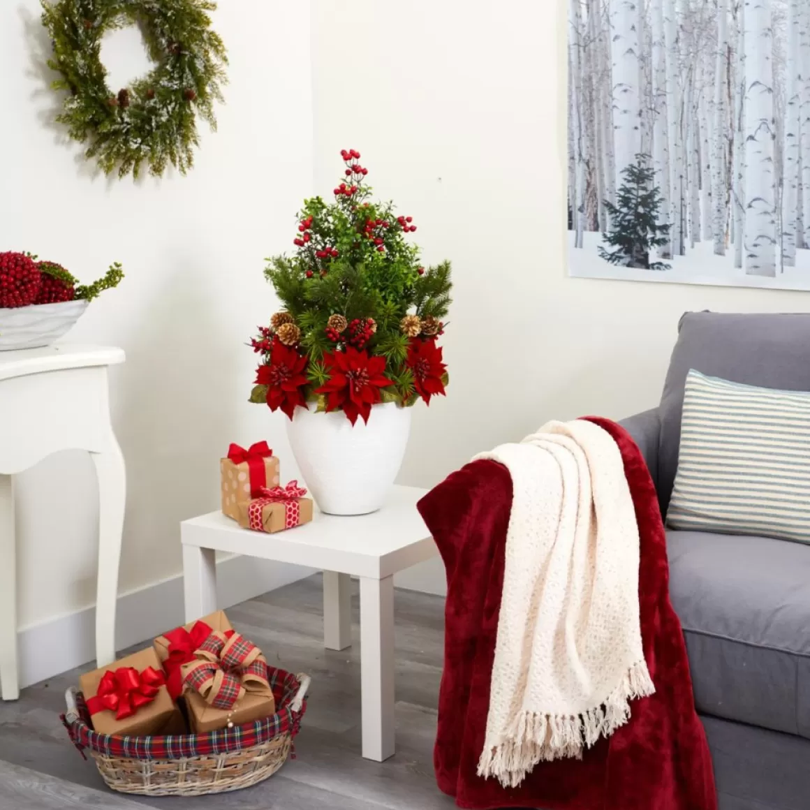 Nearly Natural 32 In. Poinsettia, Boxwood And Succulent Artificial Arrangement In White Vase