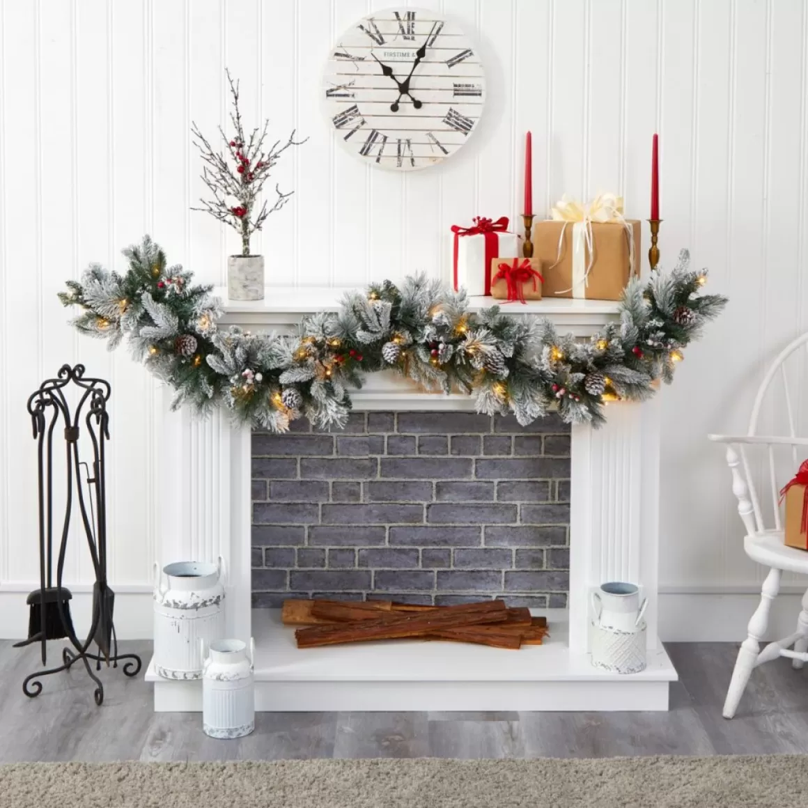 Nearly Natural 6 Ft. Flocked Mixed Pine Artificial Christmas Garland With 50 Led Lights, Pine Cones And Berries