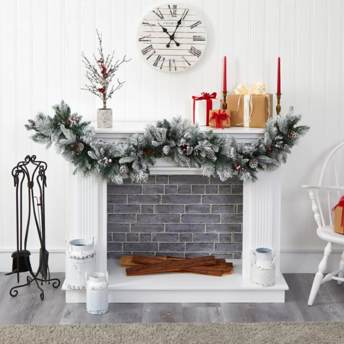 Nearly Natural 6 Ft. Flocked Mixed Pine Artificial Christmas Garland With 50 Led Lights, Pine Cones And Berries