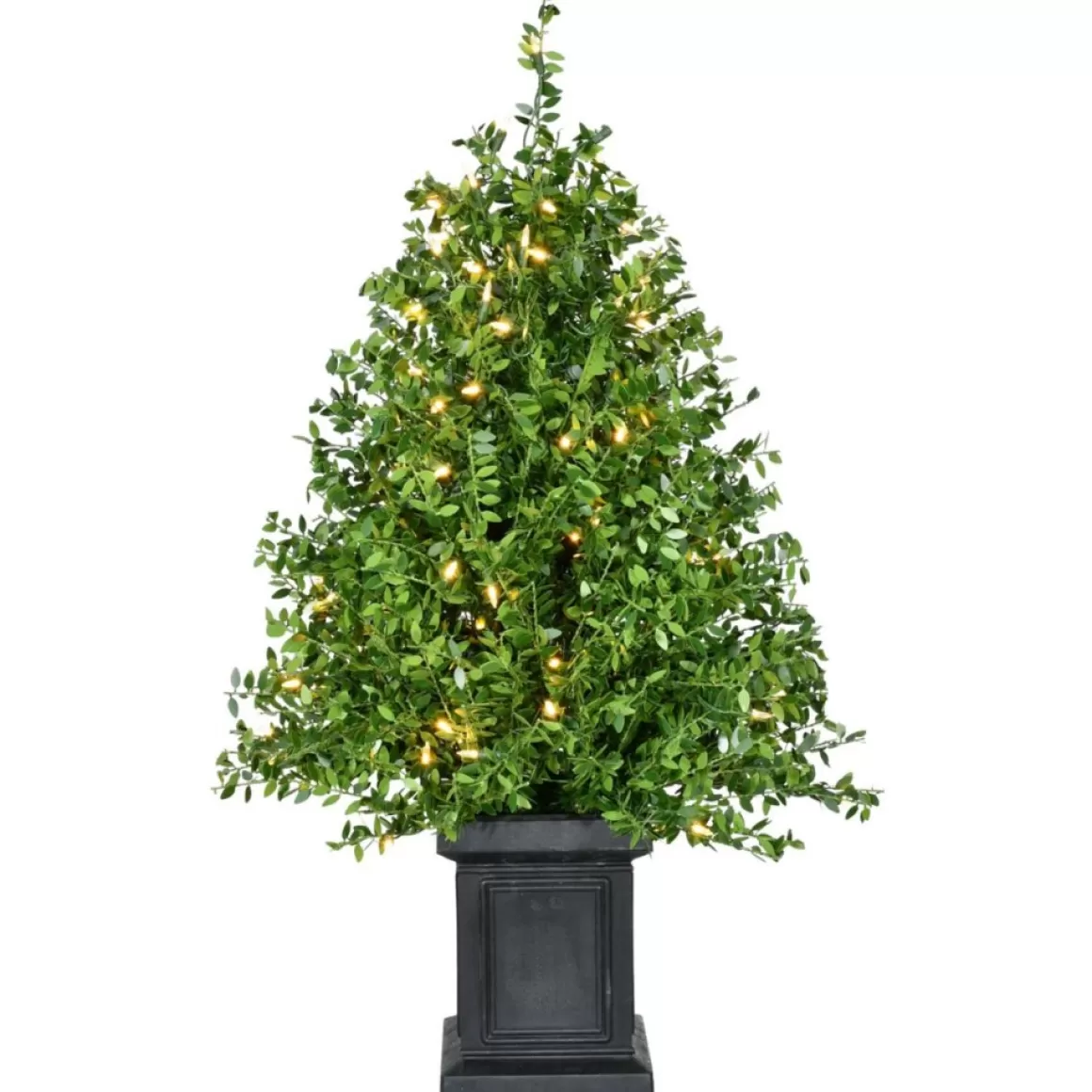 Fraser Hill Farm Boxwood Porch Tree In Black Pot With Warm White Lights, Set Of 2