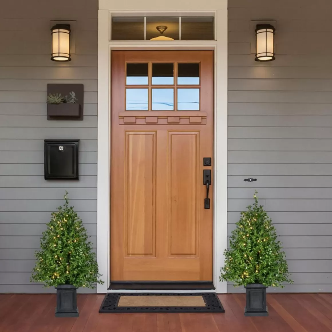 Fraser Hill Farm Boxwood Porch Tree In Black Pot With Warm White Lights, Set Of 2