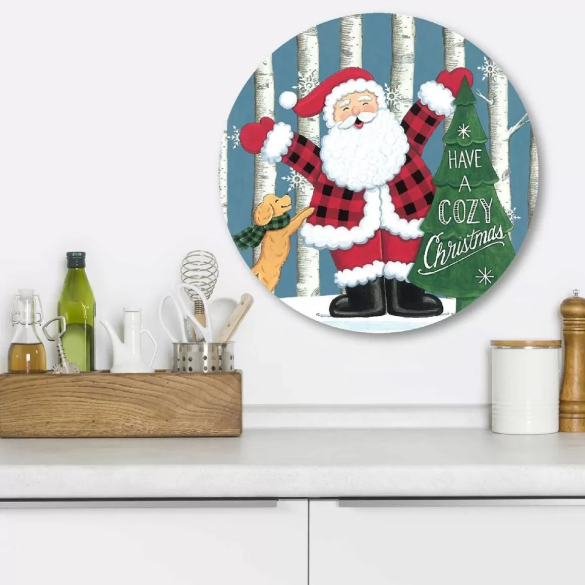 Courtside Market Buffalo Plaid Santa 12X12 Circular Wood Decor