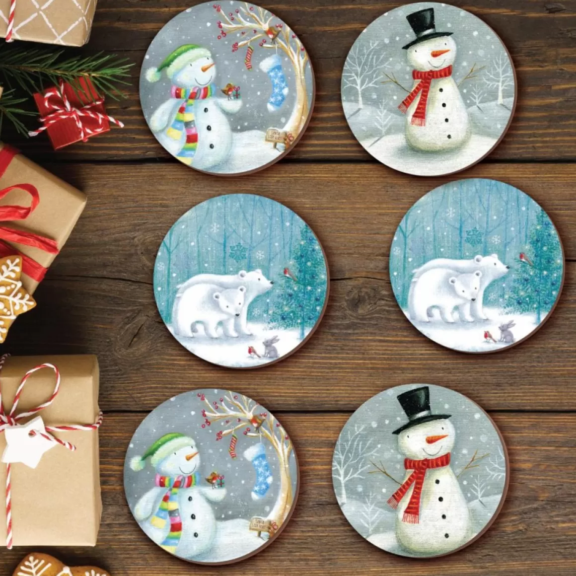 Courtside Market Snowman & Polar Bear 6-Piece Ceramic Coaster Set