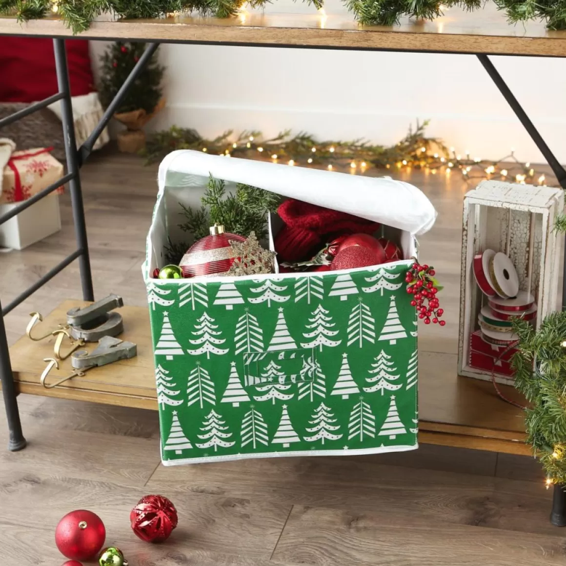 Design Imports Triple Christmas Tree Print Ornament Storage Bin, Large