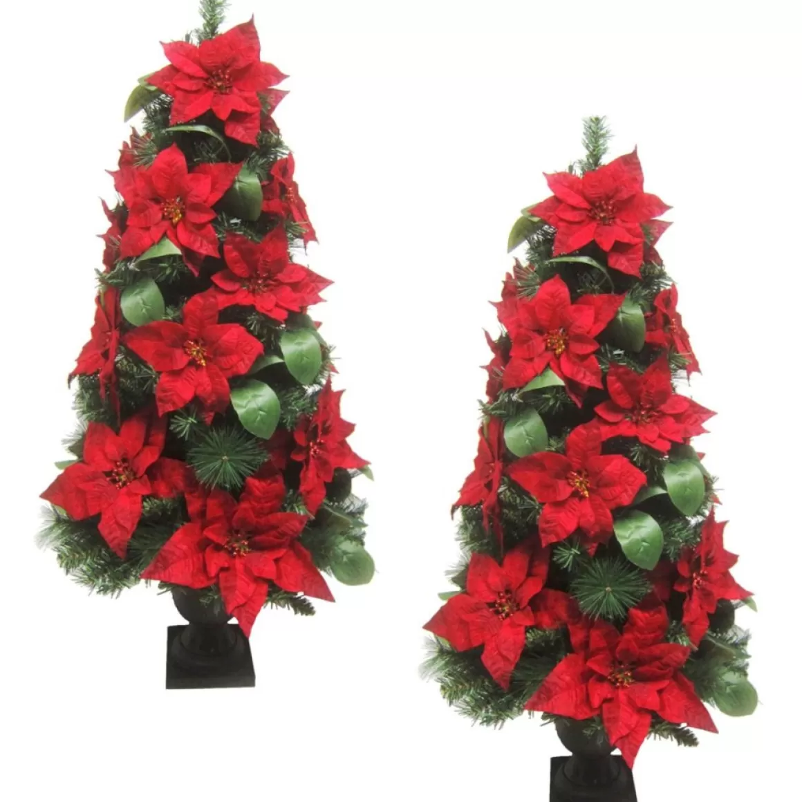 Fraser Hill Farm 4' Christmas Porch Trees W Velvet Poinsettias 2-Pack