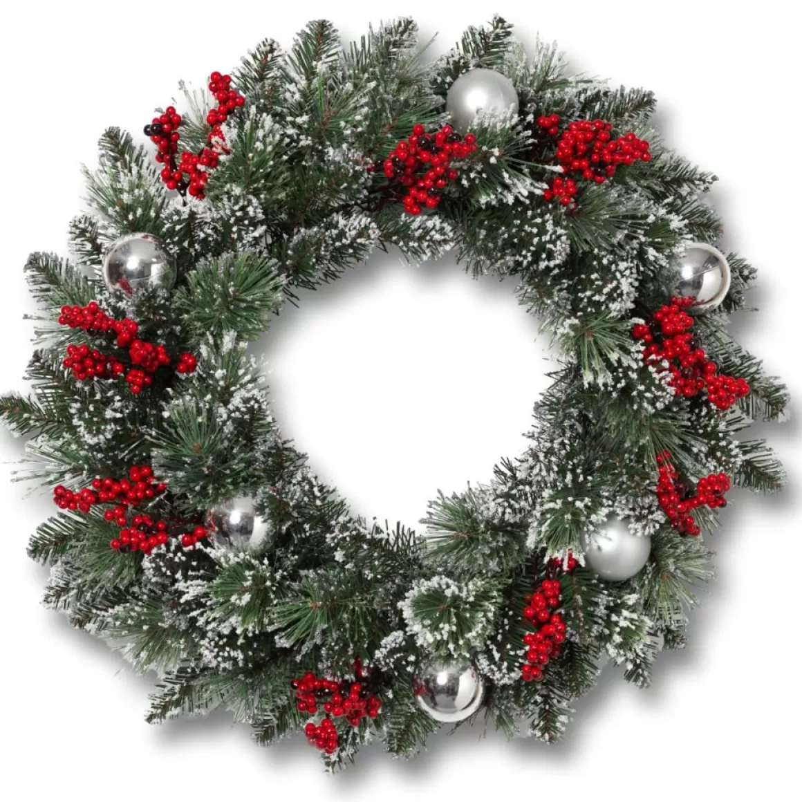 Gerson International 24"H Snow/Glitter Pine Wreath W/ Balls & Berries