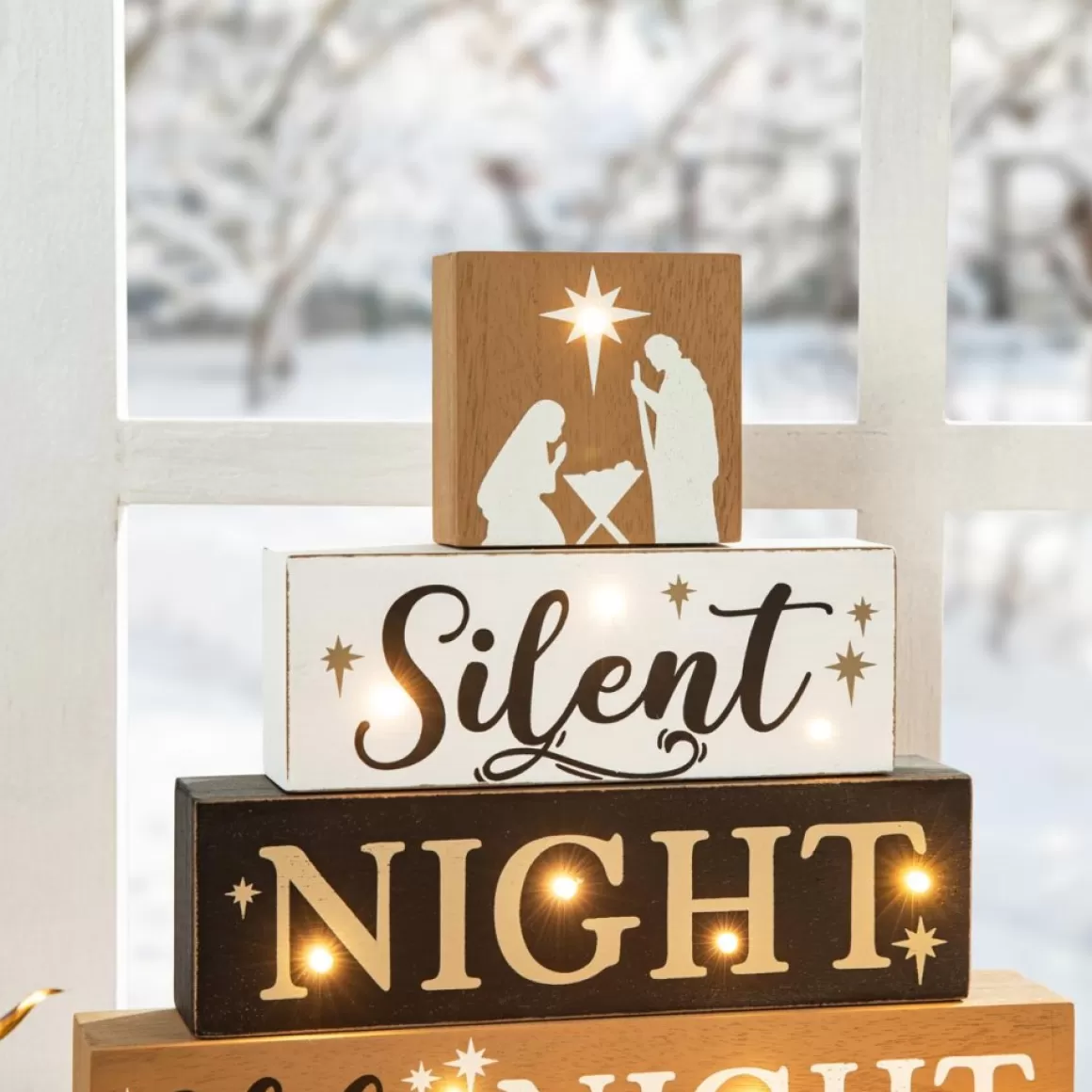 Glitzhome 12In H Lighted Wooden Nativity Block Word Sign