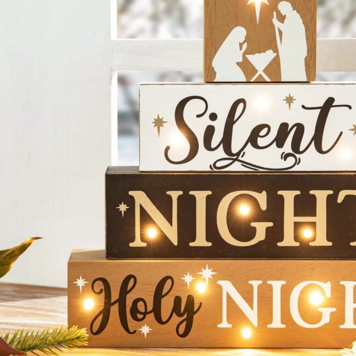 Glitzhome 12In H Lighted Wooden Nativity Block Word Sign