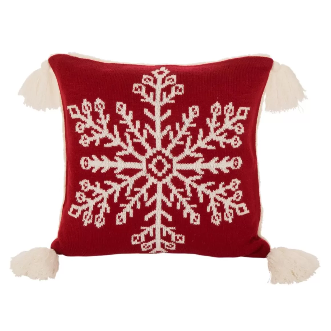 Glitzhome 18In Knitted Snowflake Acrylic Red Pillow Cover With Tassels