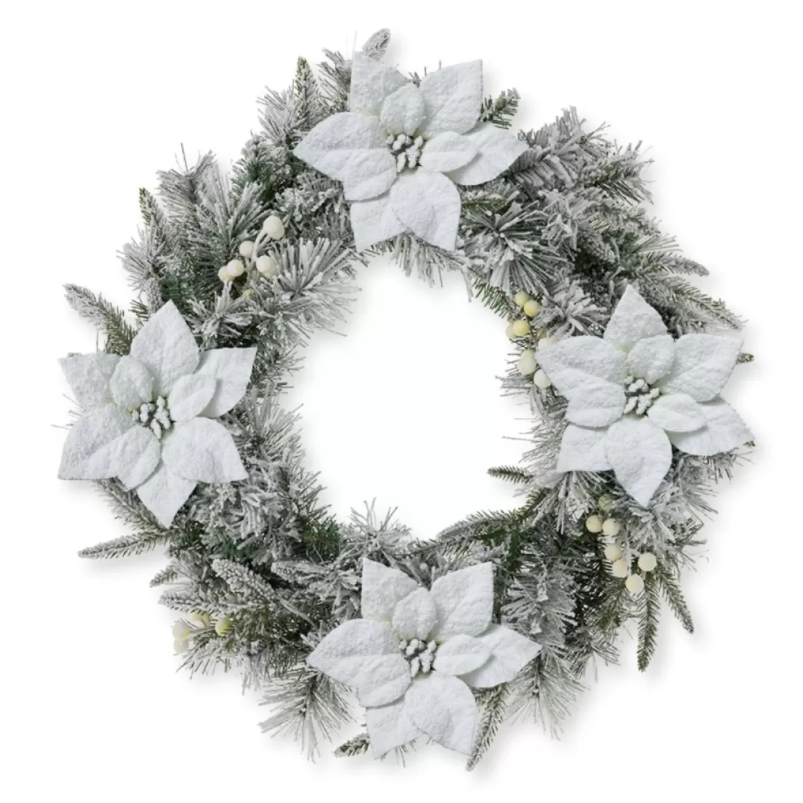Glitzhome 24" D Led Flocked Greenery Pine Poinsettia Christmas Wreath