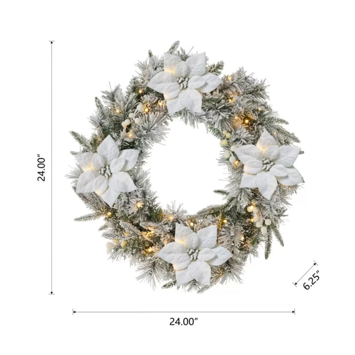 Glitzhome 24" D Led Flocked Greenery Pine Poinsettia Christmas Wreath