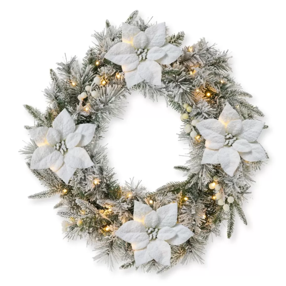 Glitzhome 24" D Led Flocked Greenery Pine Poinsettia Christmas Wreath