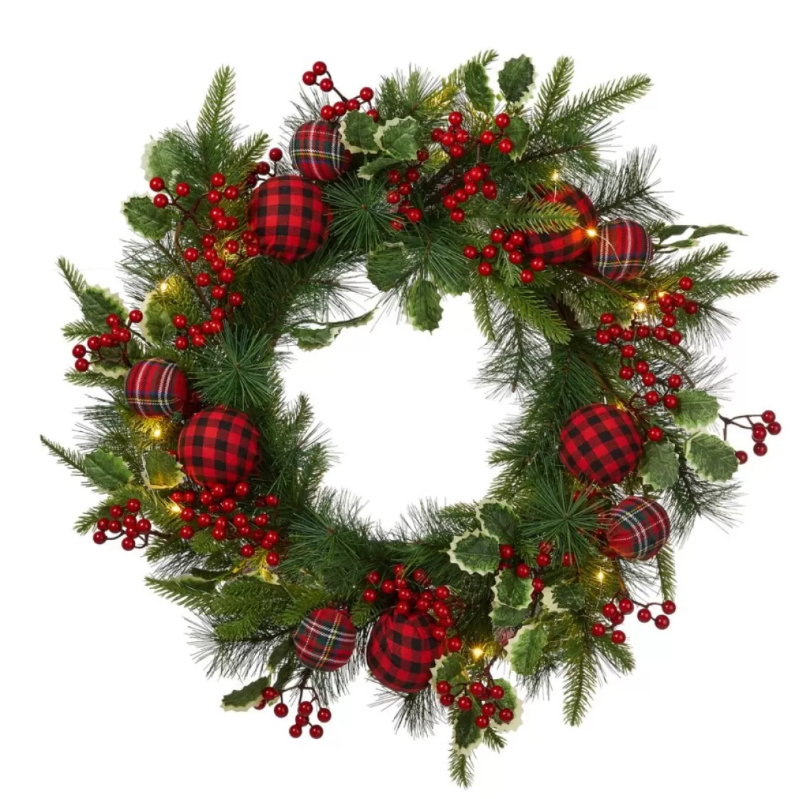 Glitzhome 24" D Ornament Berry Holly Pine Wreath With Lights