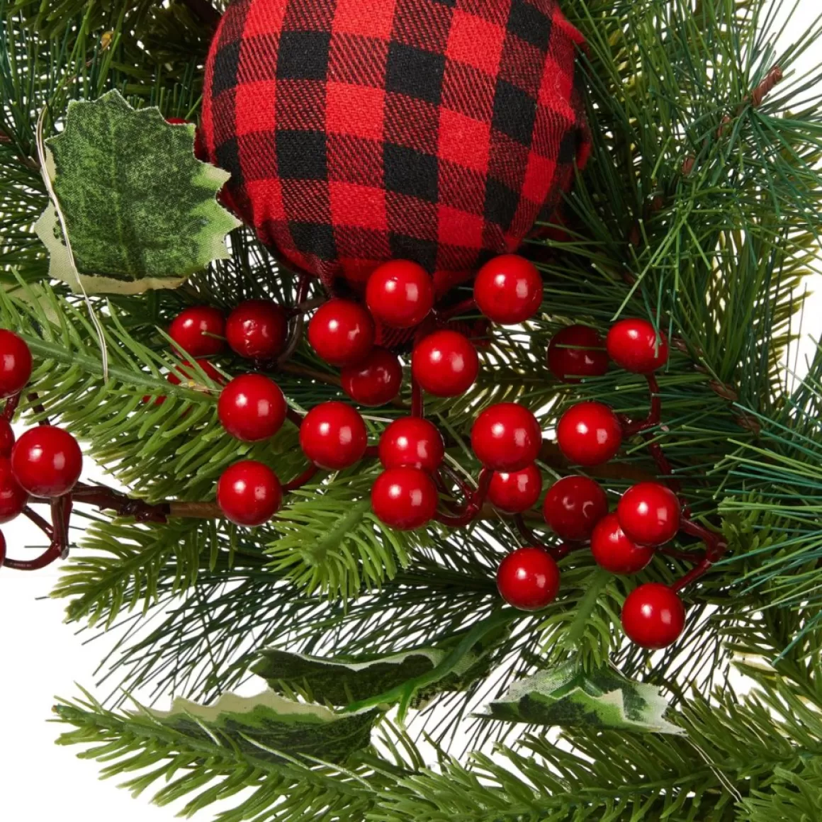 Glitzhome 24" D Ornament Berry Holly Pine Wreath With Lights