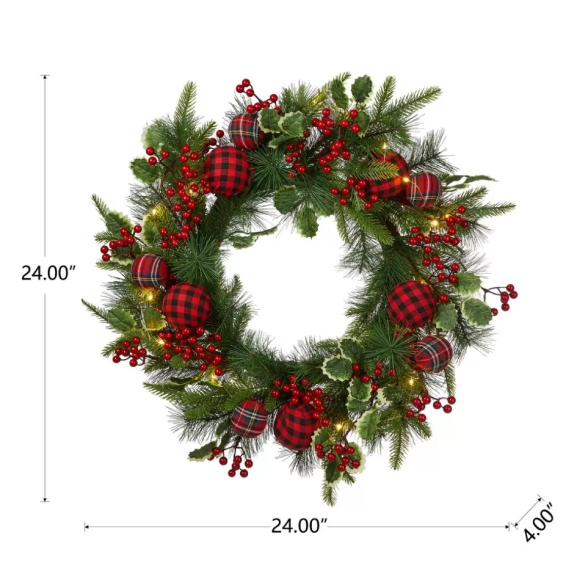 Glitzhome 24" D Ornament Berry Holly Pine Wreath With Lights