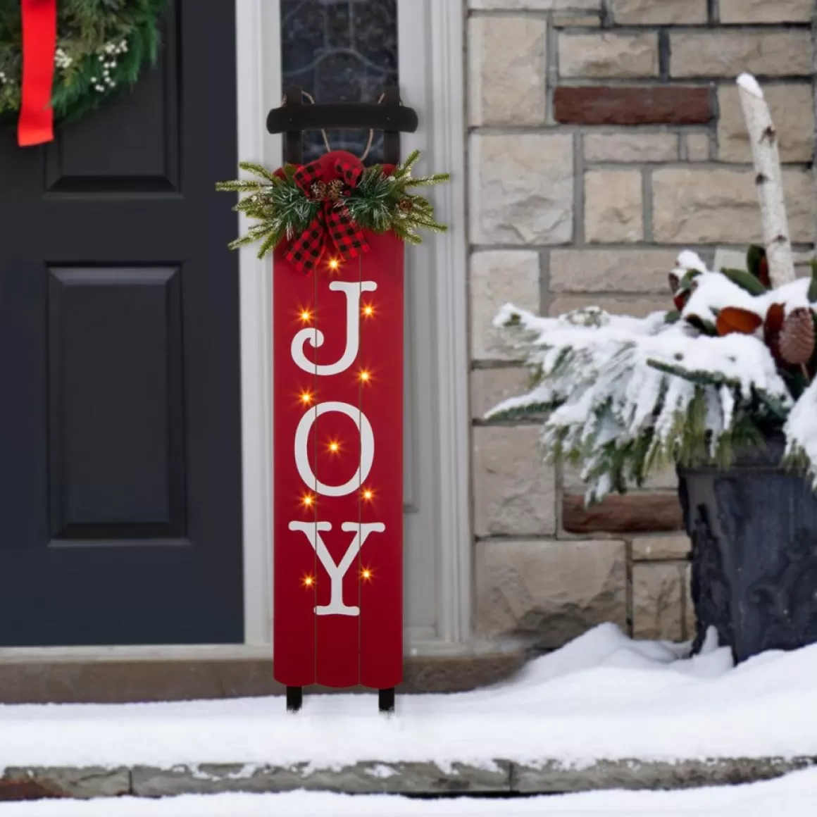 Glitzhome 40"H Lighted Wooden Sleigh Joy Porch Sign