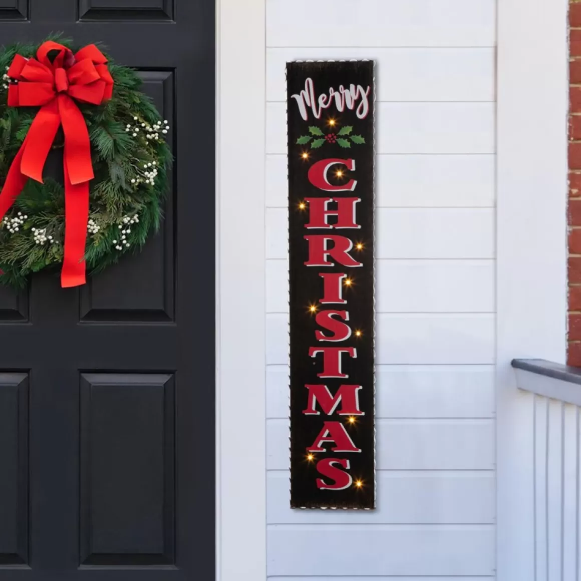 Glitzhome 42"H Lighted Wooden Black Christmas Porch Sign