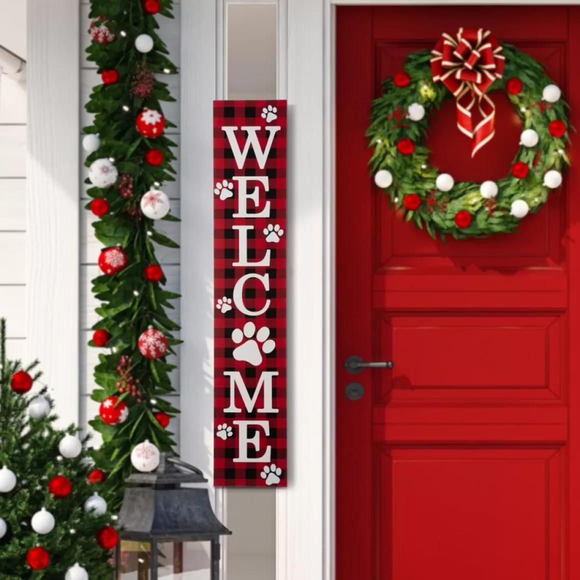 Glitzhome 42"H Wooden Plaid Pet Welcome Porch Sign