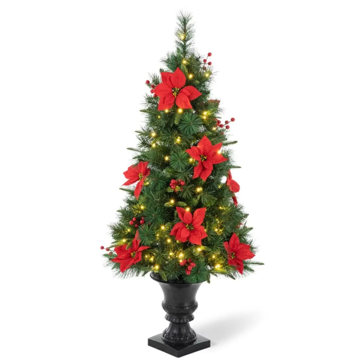 Glitzhome 4Ft Pre-Lit Poinsettia Artificial Christmas Porch Tree