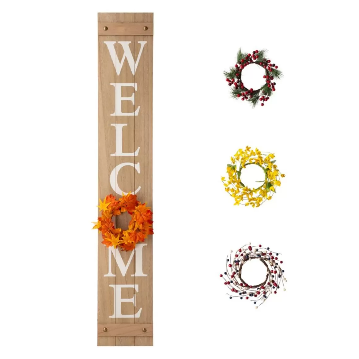 Glitzhome 60" Wooden Welcome Porch Sign W/4 Interchangeable Wreaths