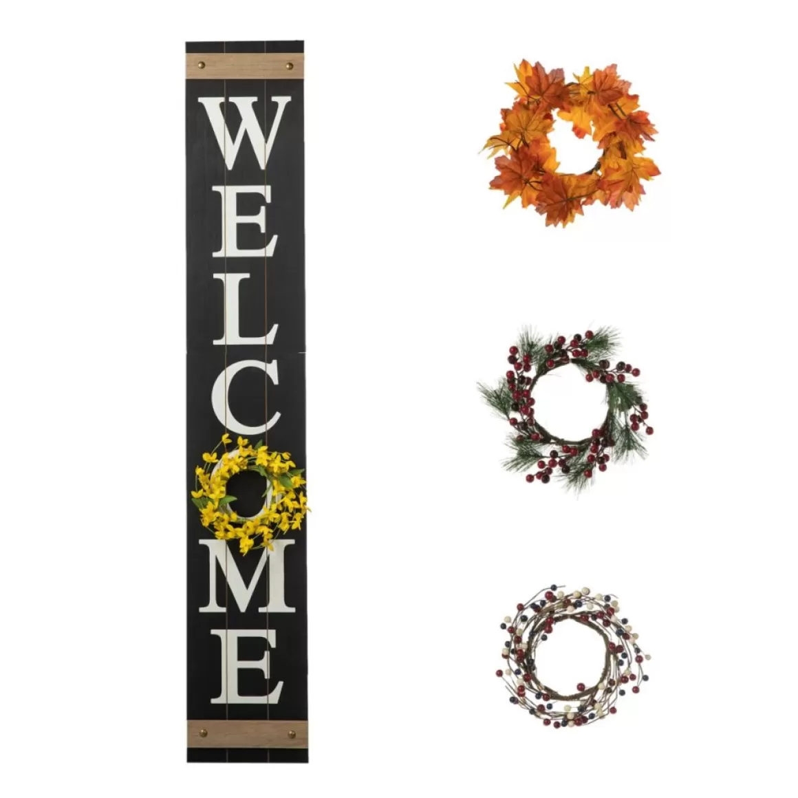 Glitzhome 60" Wooden Welcome Porch Sign W/4 Interchangeable Wreaths
