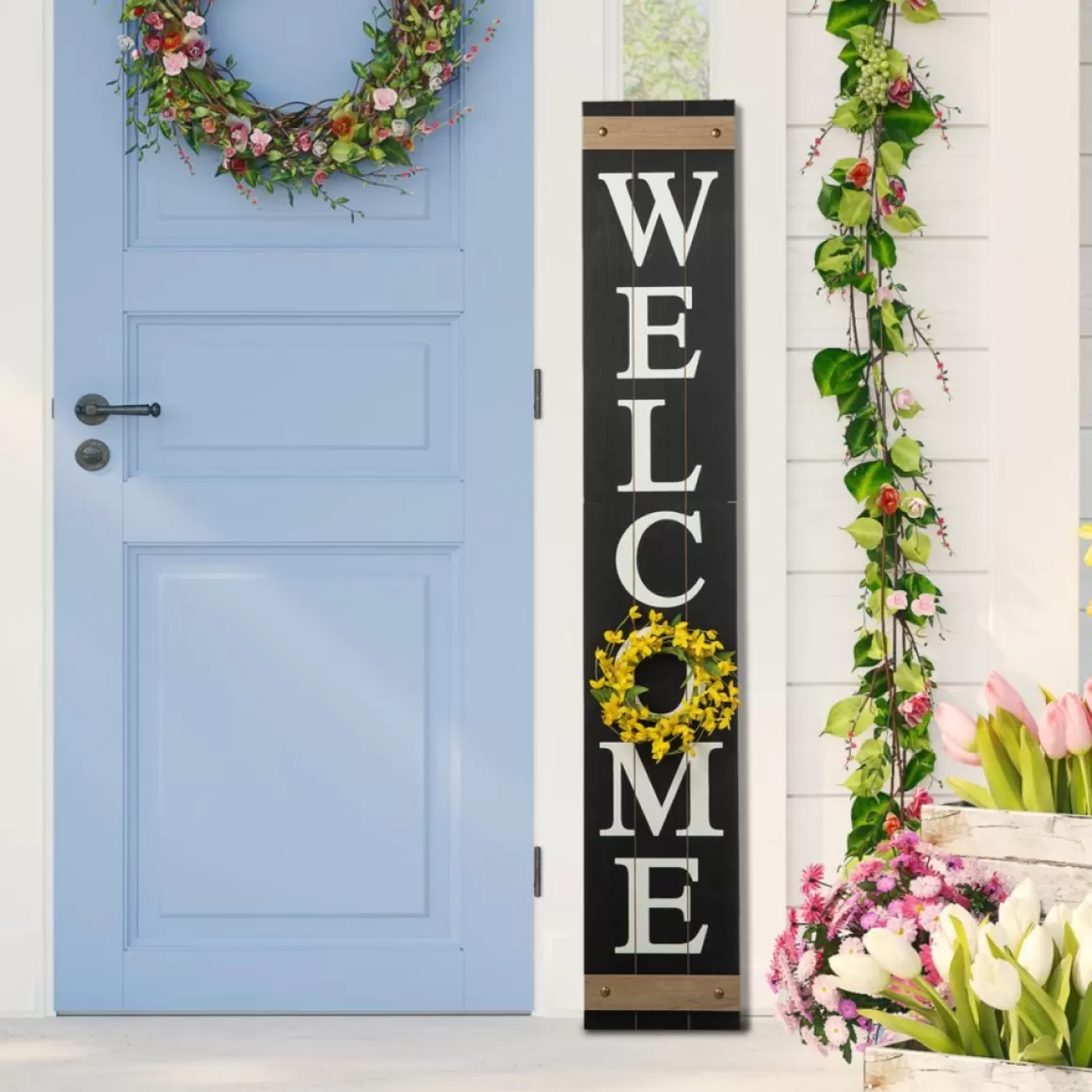 Glitzhome 60" Wooden Welcome Porch Sign W/4 Interchangeable Wreaths