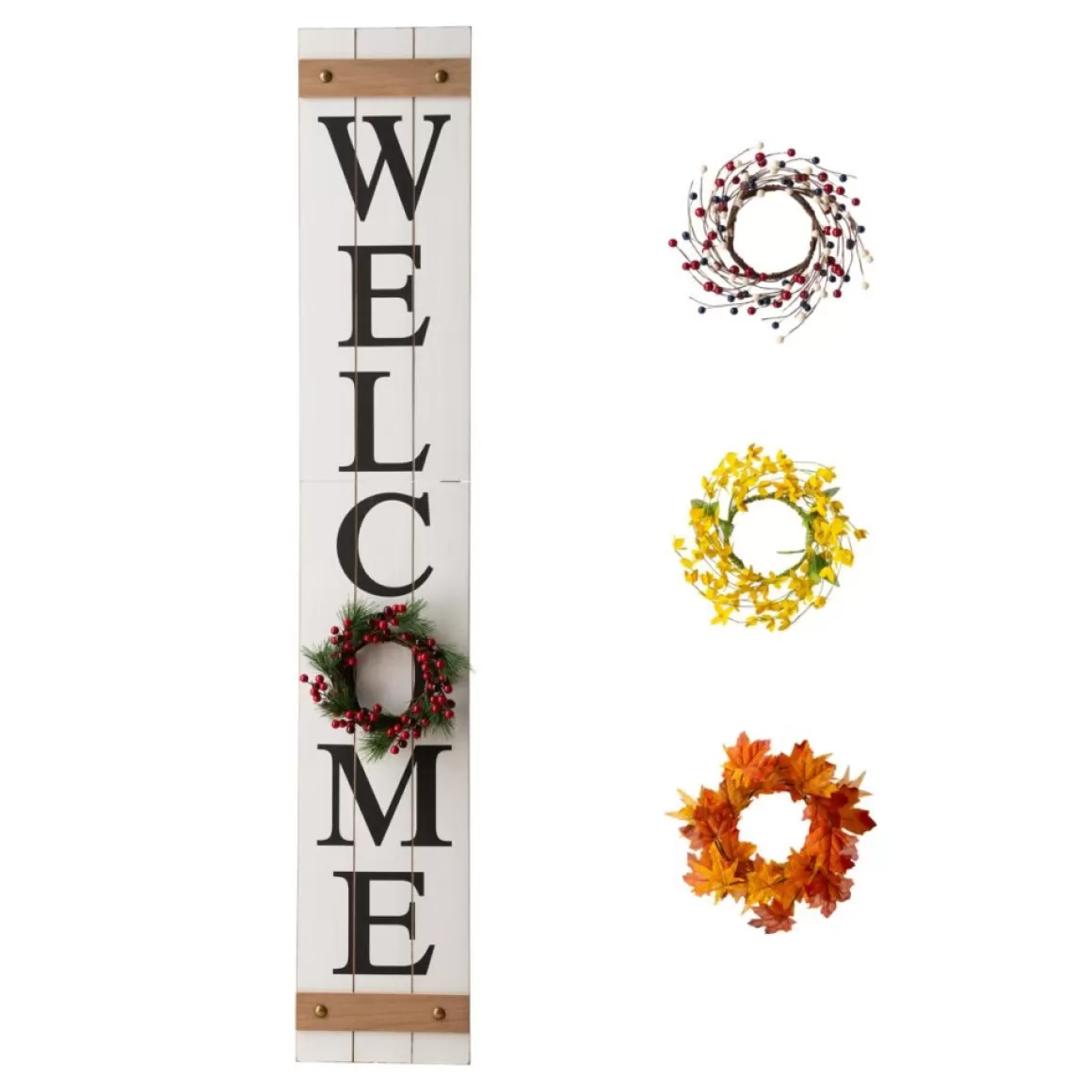 Glitzhome 60" Wooden Welcome Porch Sign W/4 Interchangeable Wreaths