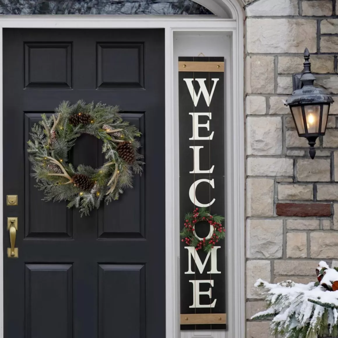 Glitzhome 60" Wooden Welcome Porch Sign W/4 Interchangeable Wreaths