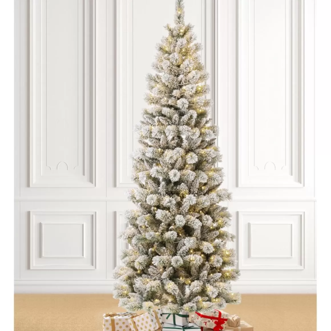 Glitzhome 7.5Ft Pre-Lit Flocked Pencil Green Pine Christmas Tree