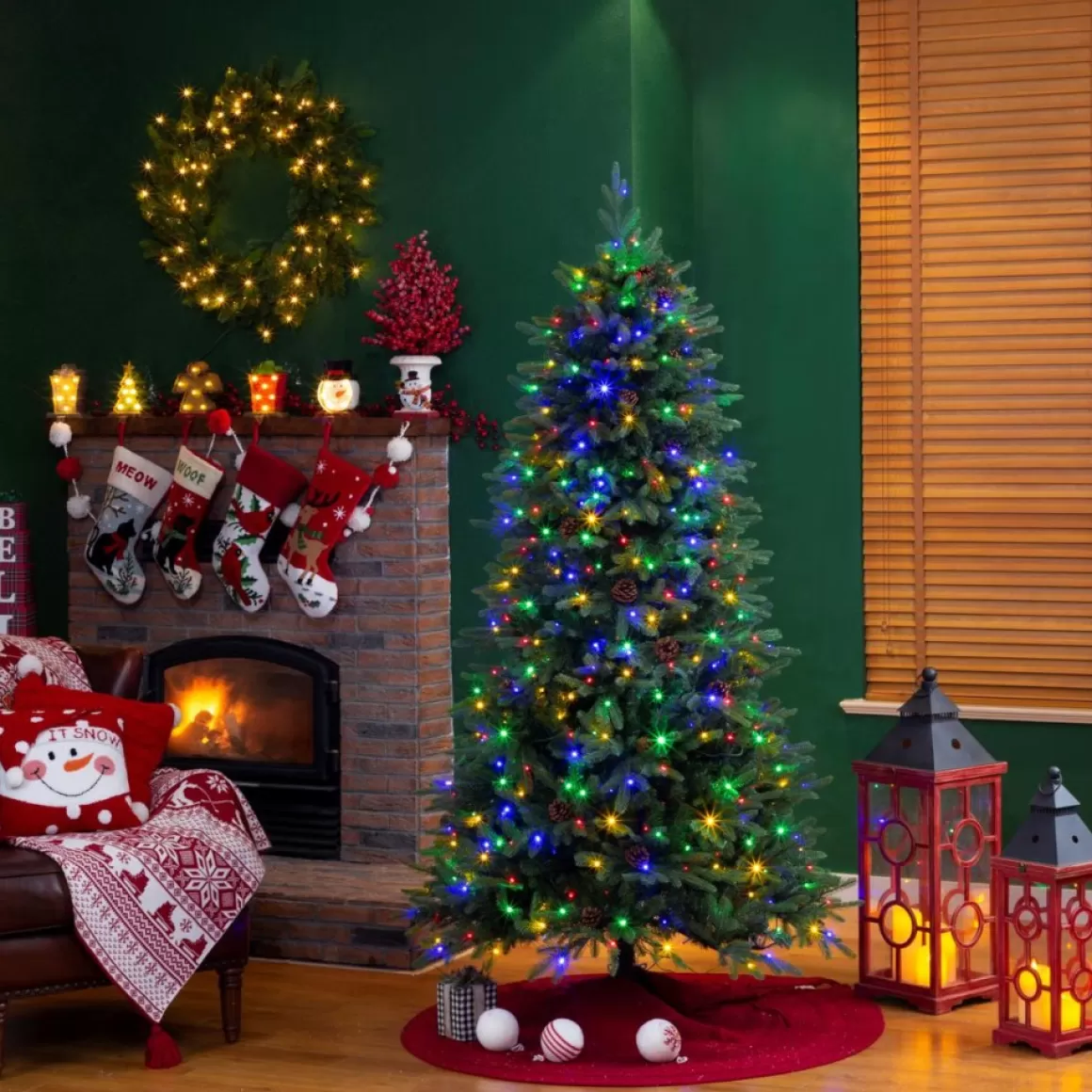 Glitzhome 7.5Ft Pre-Lit Green Fir Artificial Christmas Tree W/ 500 Led