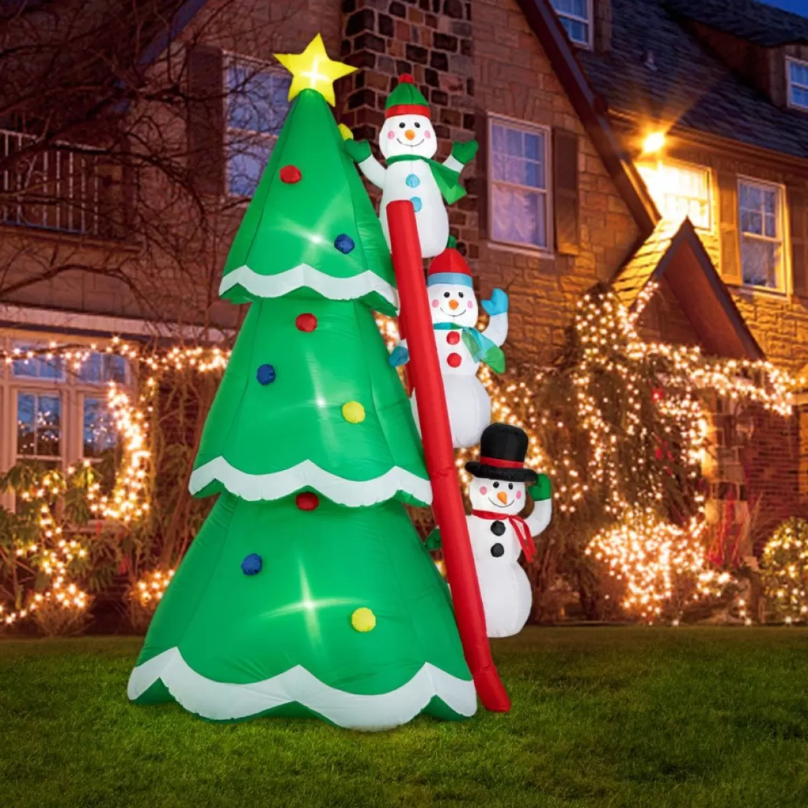 Glitzhome 8' Lighted Inflatable Xmas Snowman Climbing Up Tree Decor