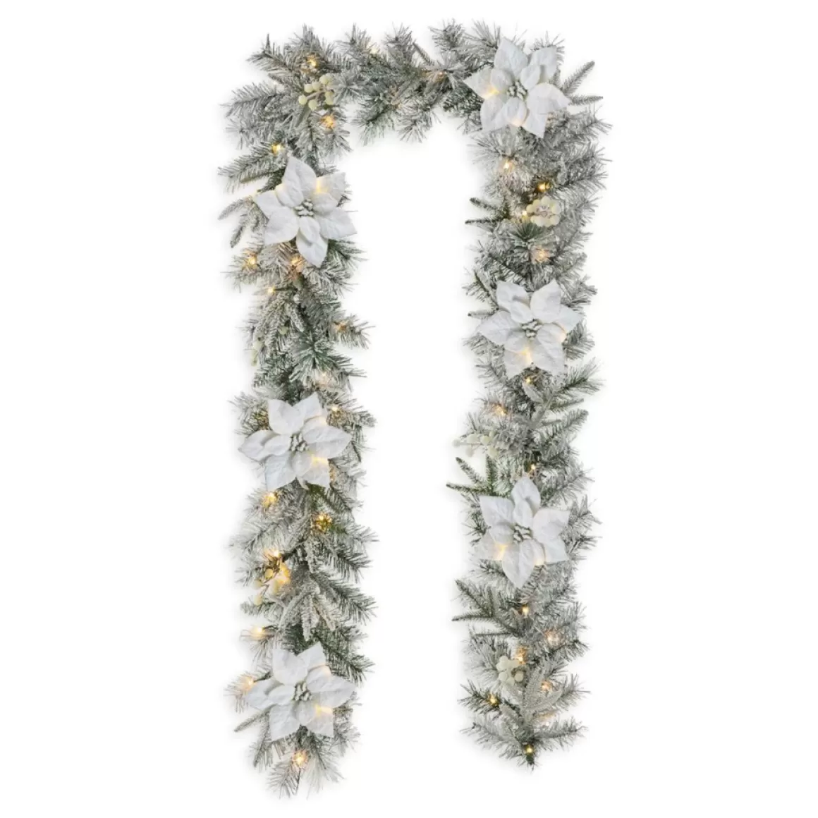 Glitzhome 9' Pre-Lit Snow Flocked Greenery Pine Poinsettia Garland