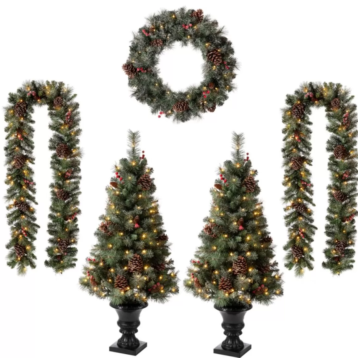 Glitzhome Led Glittered Christmas Wreath, 2Pk Garland, 2Pk Tree