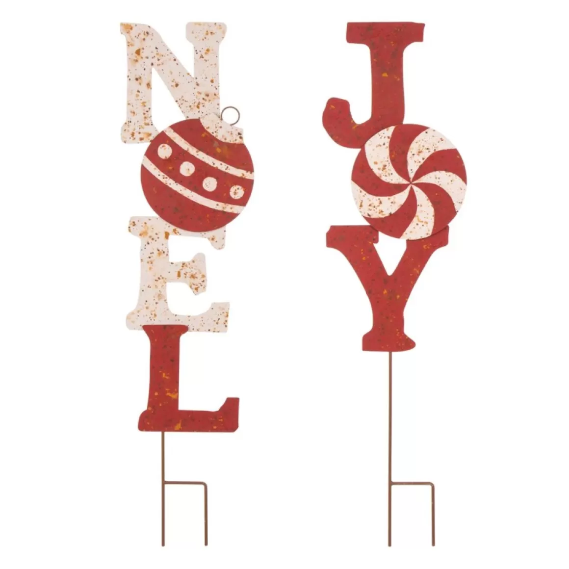 Glitzhome Set Of 2 Rusty Metal Joy And Noel Yard Stake Or Wall Decor