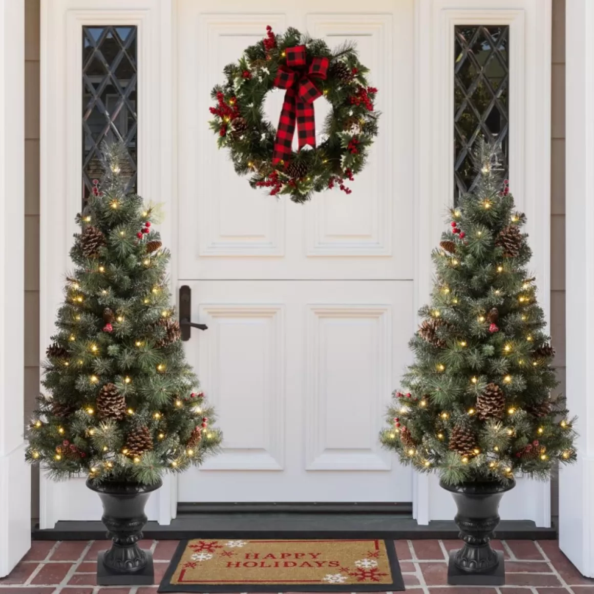 Glitzhome Set Of Two 4Ft Flocked Christmas Tree With 100 Warm White