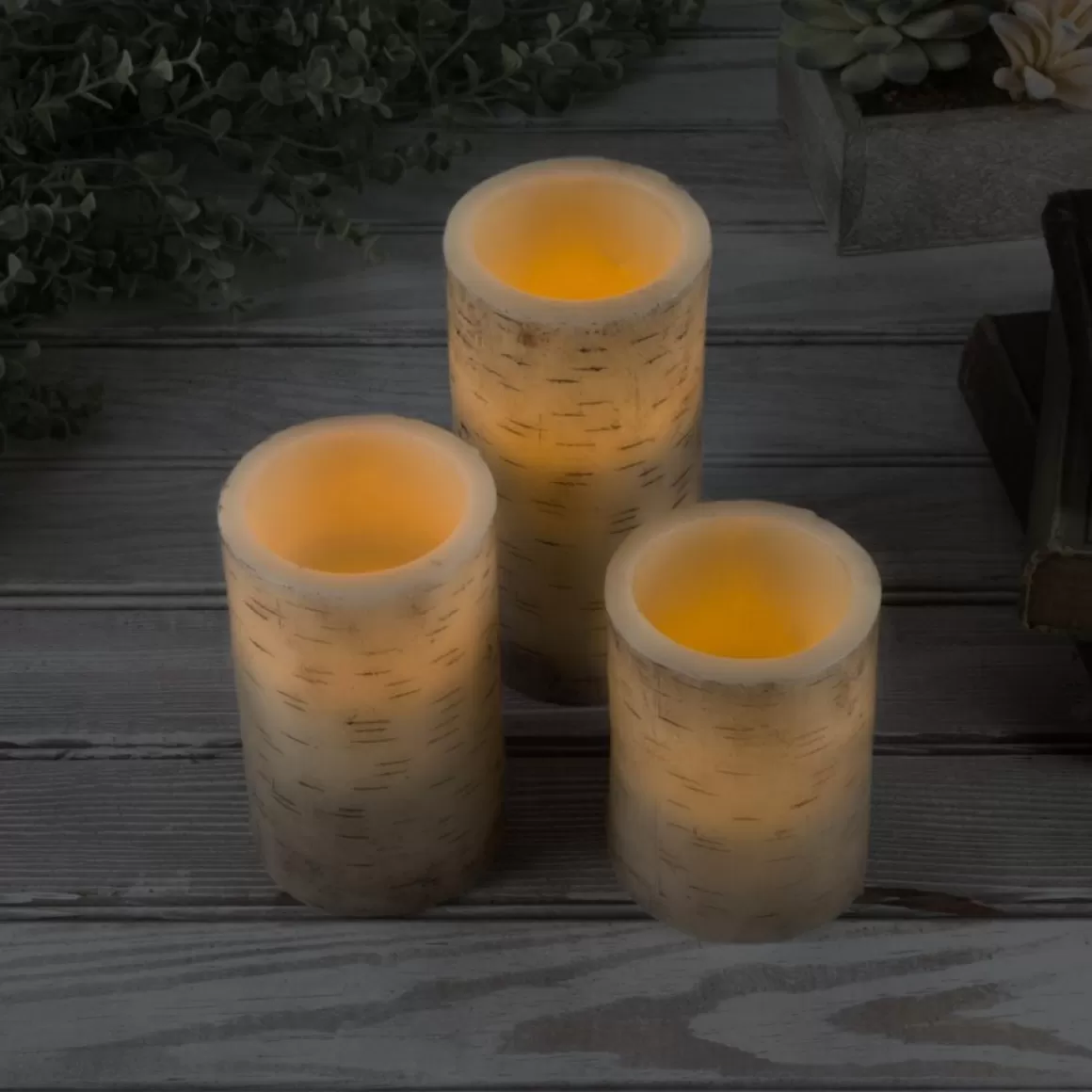 Lavish Home Flickering Flameless Led Candles With Birch Bark- Set Of 3