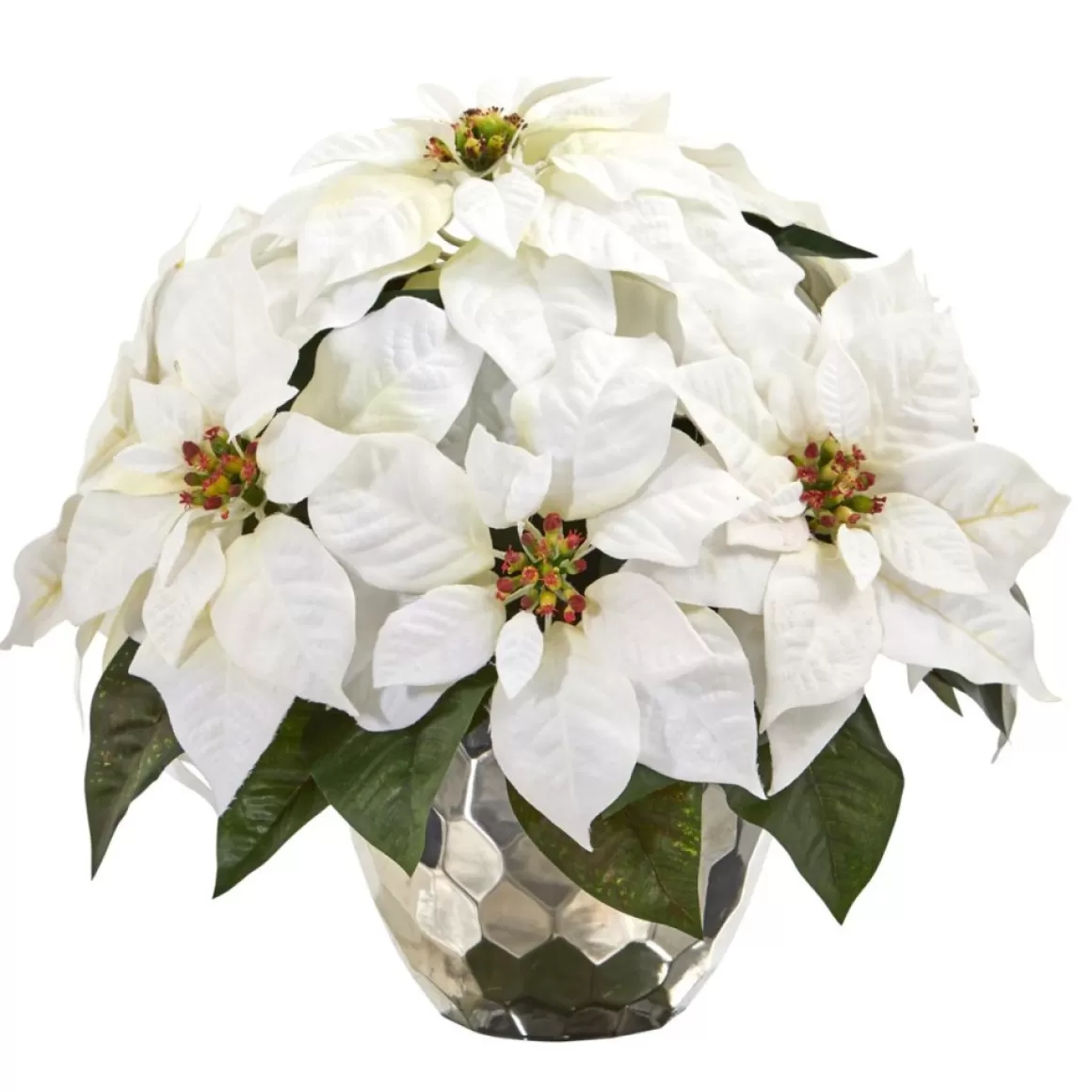 Nearly Natural 14 In. White Poinsettia In Designer Silver Bowl
