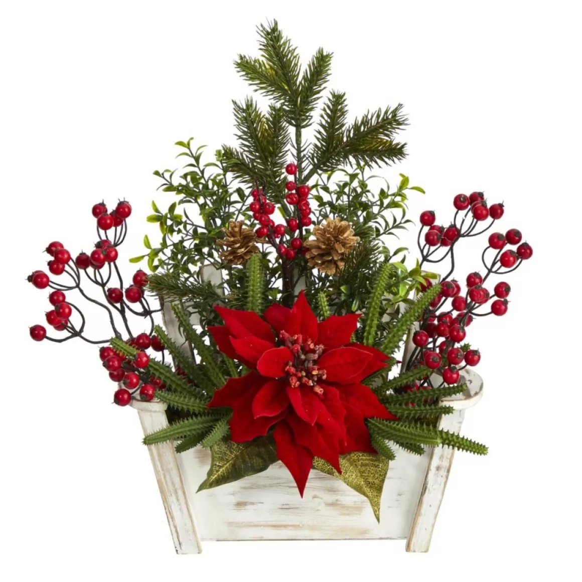 Nearly Natural 18 In. Poinsettia, Succulent And Berries In Planter