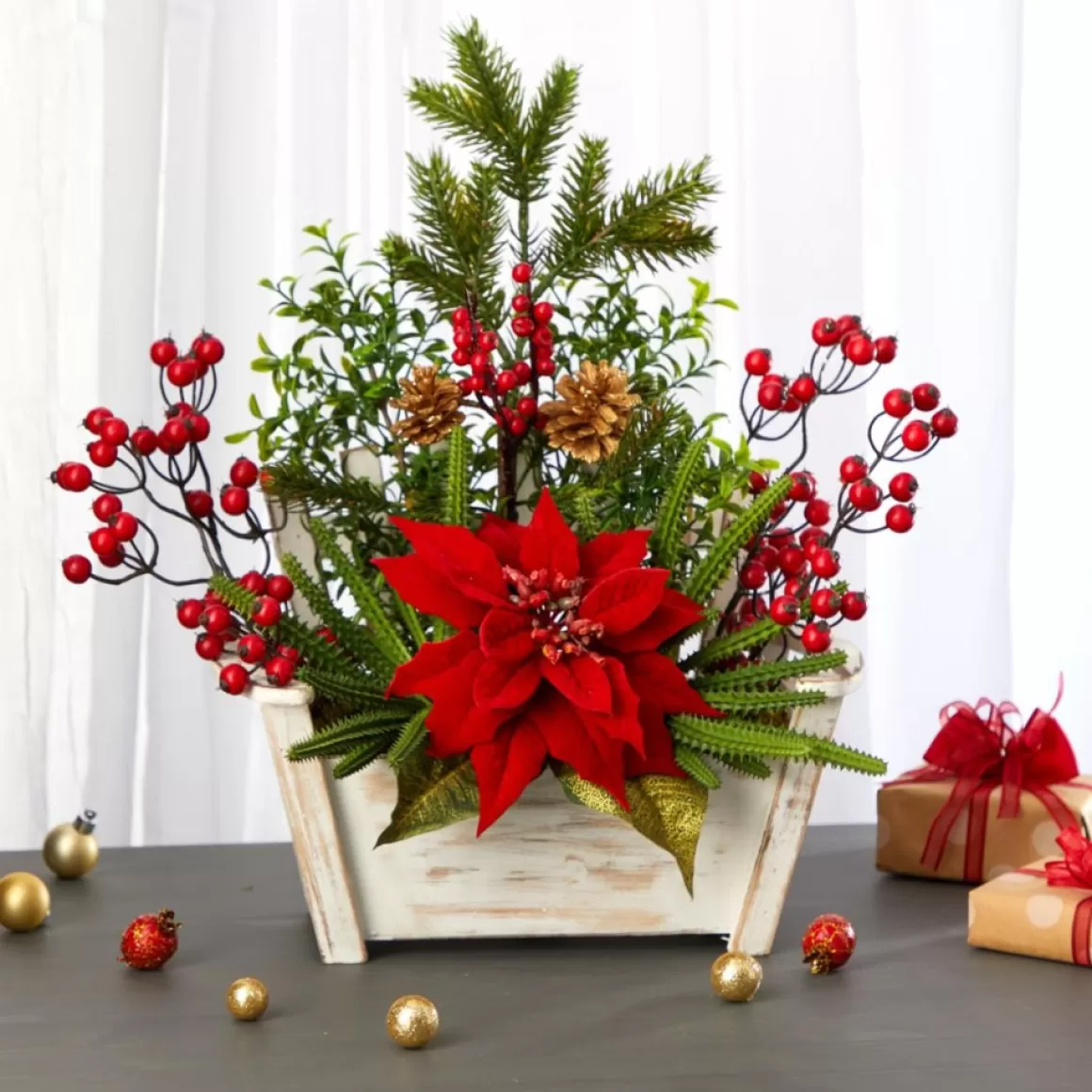 Nearly Natural 18 In. Poinsettia, Succulent And Berries In Planter