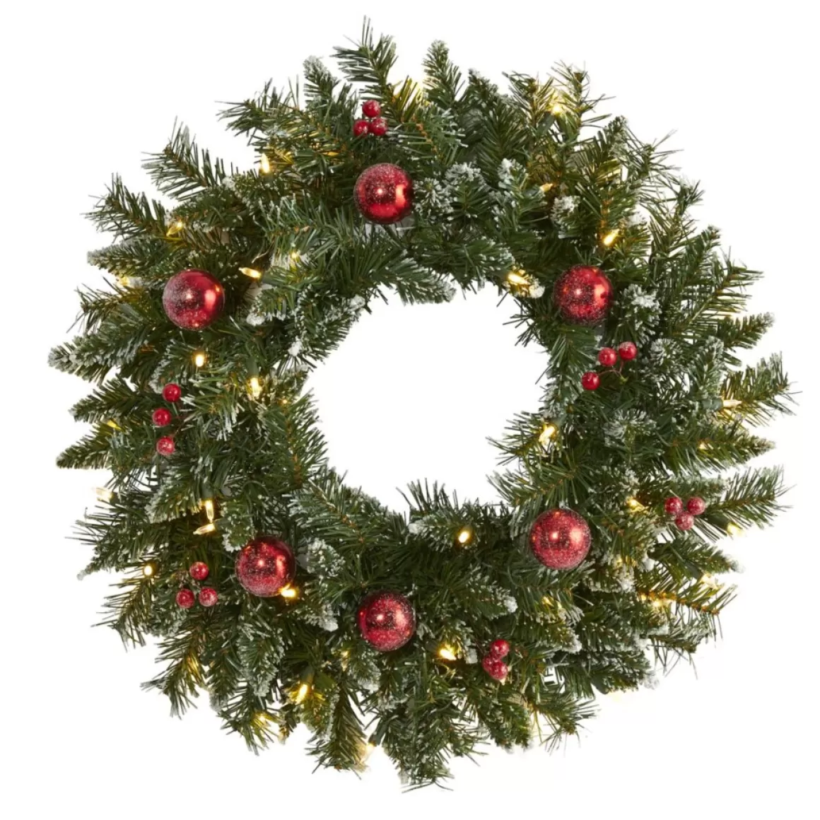 Nearly Natural 24 In. Frosted Christmas Wreath With 50 Lights