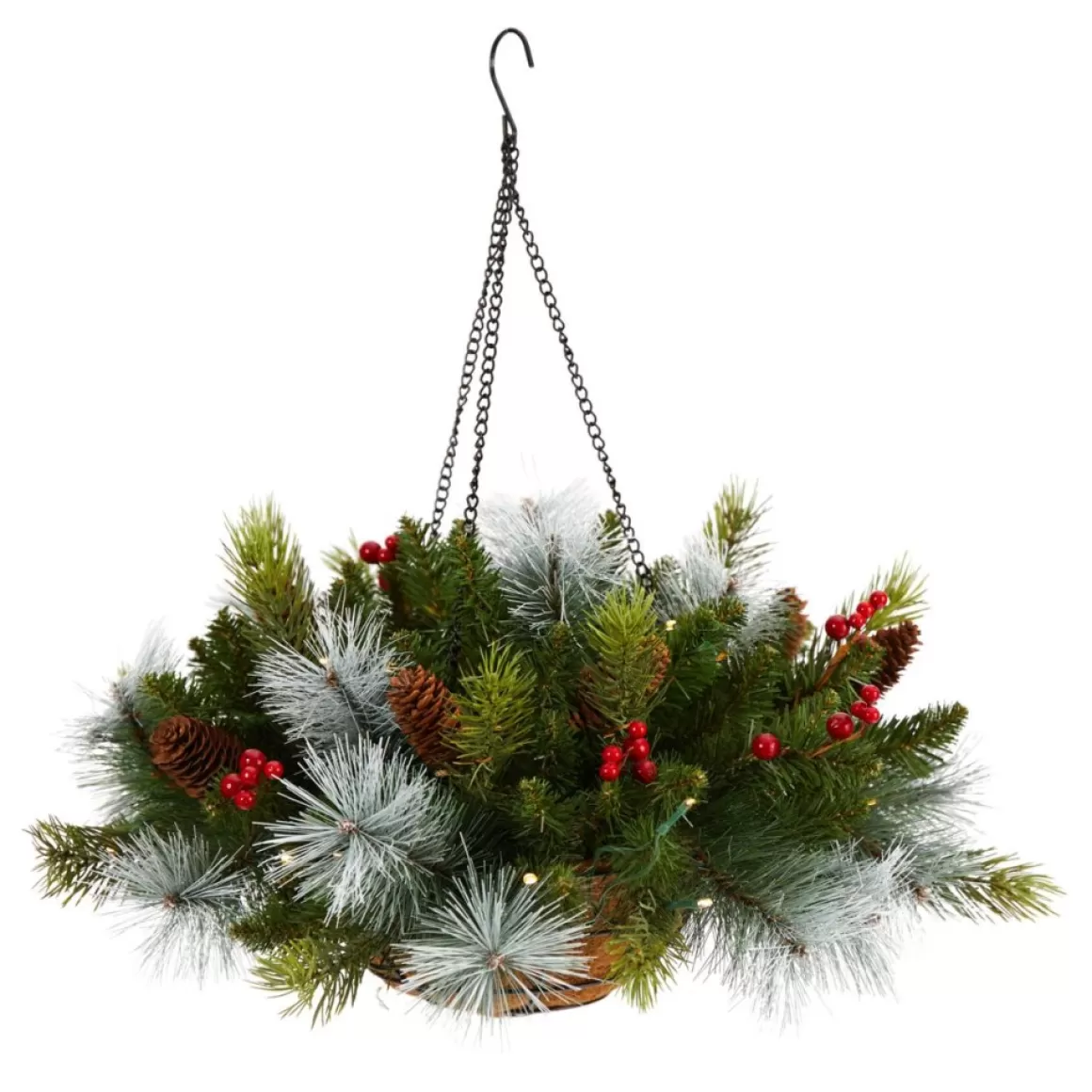 Nearly Natural 24 In. Holiday Pre Lit Berries Christmas Hanging Basket