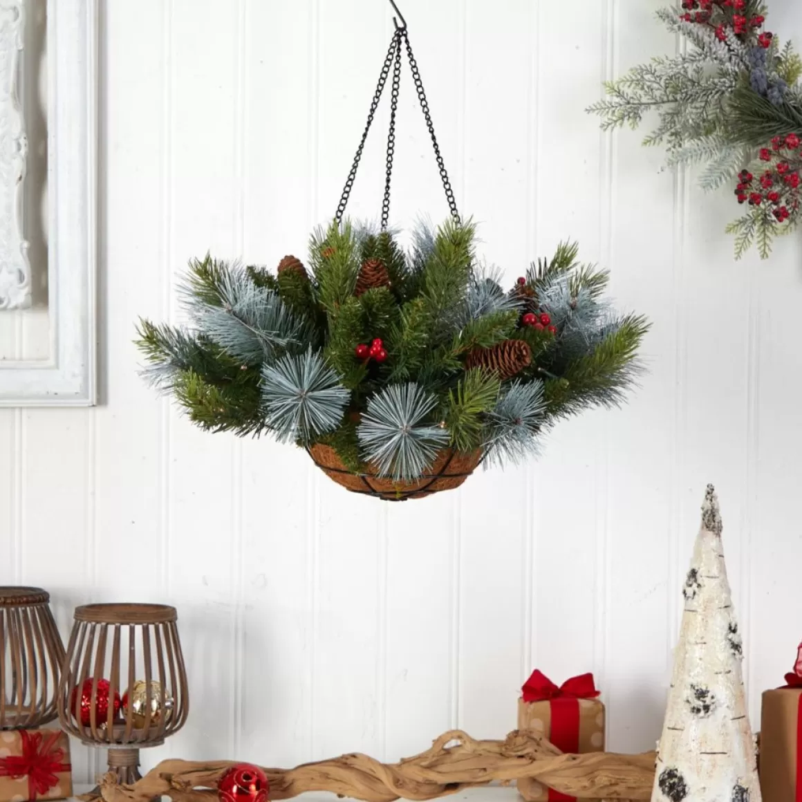 Nearly Natural 24 In. Holiday Pre Lit Berries Christmas Hanging Basket
